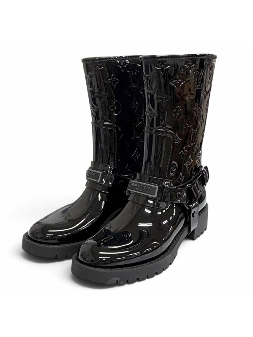 Louis Vuitton Drops Flat Half Rain Boots Rubber Monogram Black IT
